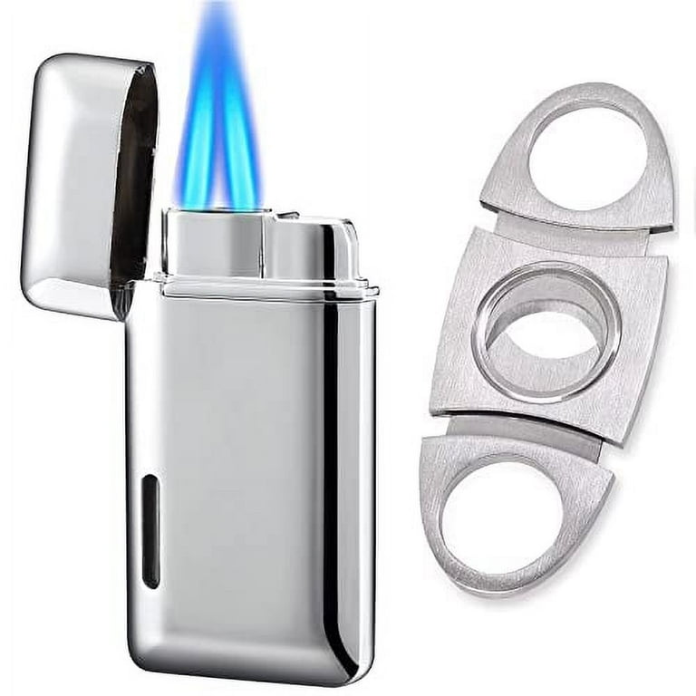 Bbsisgo Torch Lighter Cigar Cutter and Lighter Set Double Jet Flame Butane Lighter with Visible Window Refillable Windproof Lighter Gifts for