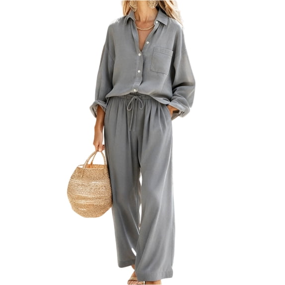 Bbyeadc 2 Piece Linen Sets for Women Long Sleeve Collared Button Down Shirt Drawstring Wide Leg Pants Summer Spring Travel Sets,Gray (M)