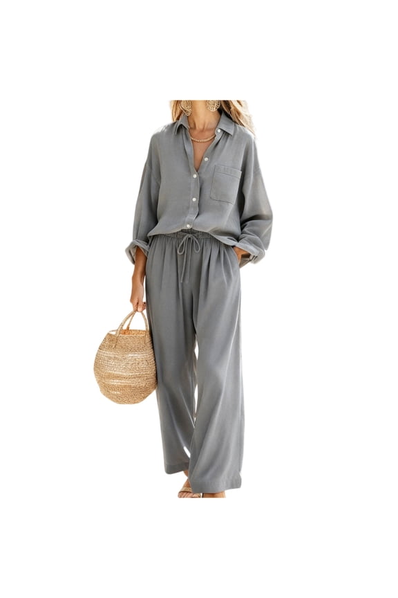 2 Piece Linen Sets for Women Long Sleeve Collared Button Down Shirt Drawstring Wide Leg Pants Summer Spring Travel Sets,Gray (M)