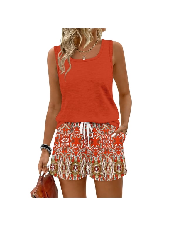 2 Piece Short Sets for Women Summer Vacation Outfits Sleeveless Tank Tops and Drawstring Shorts Set Beach Clothes,Orange (L)