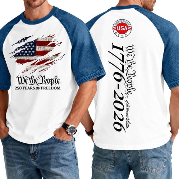 Bbyeadc 250 Anniversary USA T-Shirts for Men Short Sleeve Patchwork Crew Neck We The People Print T-Shirt for 250 Years Anniversary,White (XXXL)