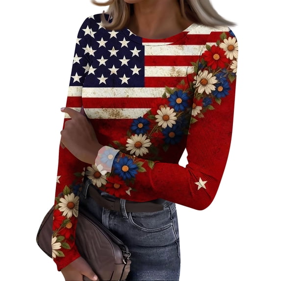 Bbyeadc 250 Years America Shirt Long Sleeve Knit Freedom T-Shirt Flag Print Crew Neck Slim Top Patriotic Gift for Women,Blue(XXXL)