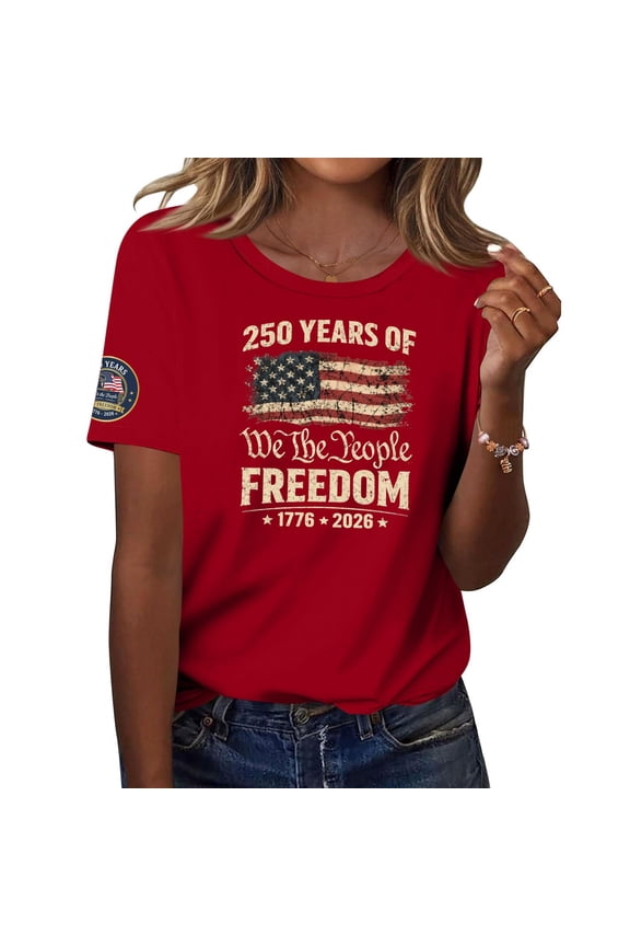 250 Years America T-Shirts for Women Short Sleeve Round Neck Freedom T-Shirt Anniversary United States Shirt Fashion Summer Top,Red(XXXL)