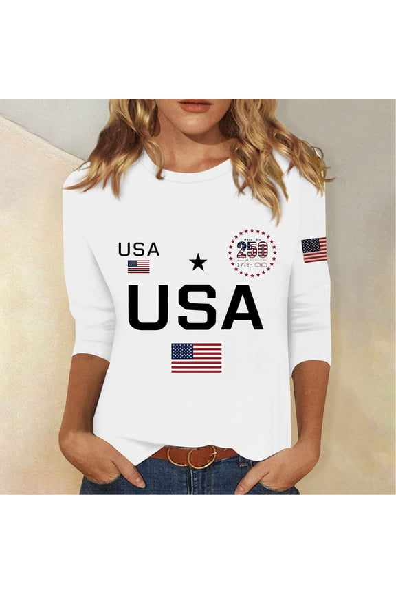 250th Anniversary America Shirt for Women Crew Neck 3/4 Length Sleeve T-Shirt 250th Anniversary Gift Shirt Top,White(L)
