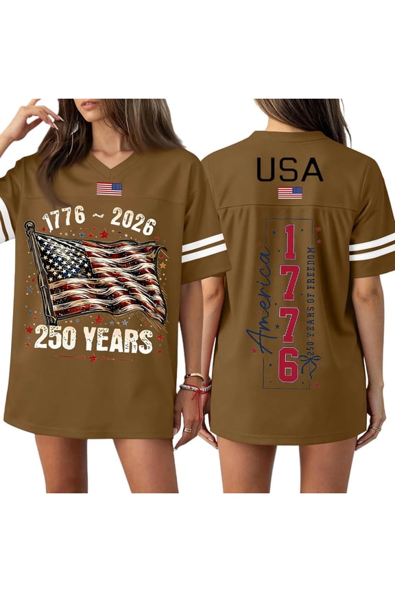 250th Anniversary Football Jerseys for Women V-Neck 250 Years Jersey Shirts for 4th of July American Flag,Brown (XXL)