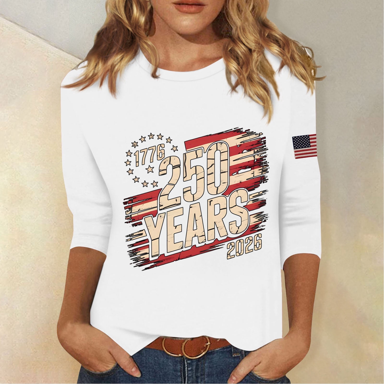 Bbyeadc 250th Anniversary Shirts for Women 3/4 Length Sleeve Crew Neck T-Shirt 250th Anniversary Gift Shirt Casual Top,White(L)