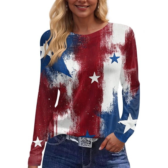 Bbyeadc 250th Anniversary United States T-Shirts for Women Long Sleeve United States Flag T-Shirt Crew Neck Gift United States Shirt Casual Going Out Shirt,Red (M)