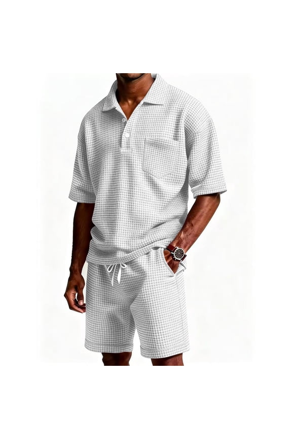 Big and Tall 2 Piece Mens Workout Sets Short Sleeve Moisture-Wicking Waffle Knit T-Shirt Drawstring Solid Color Shorts Short Sets with Chest Pockets,White (L)