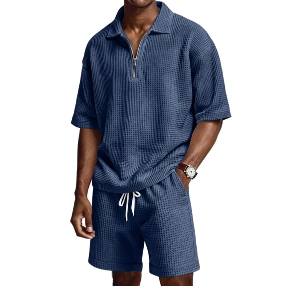 Bbyeadc Big and Tall 2 Piece Summer Sets for Men Short Sleeve Quick-Drying Waffle Knit T-Shirt Drawstring Breathable Shorts Outfits with Chest Pockets,Blue (S)
