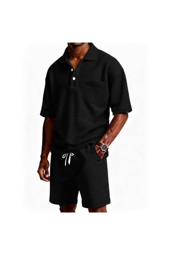 Big and Tall Mens Sets 2 Piece Outfits Quick-Drying Waffle Knit Shirt Drawstring Lightweight Shorts Summer Short Sets with Chest Pockets,Black (XXXXL)