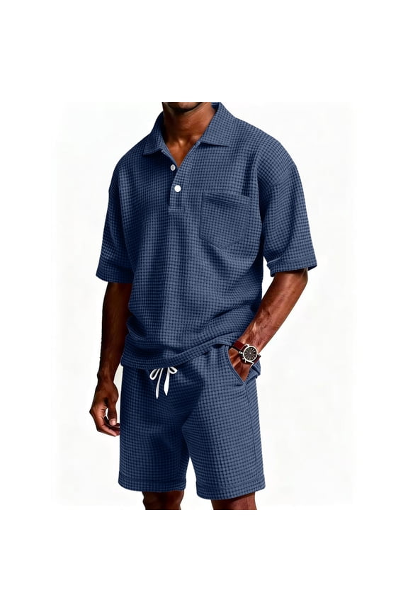 Big and Tall Two Piece Mens Workout Sets Short Sleeve Moisture-Wicking Waffle Knit Sweatshirt Breathable Drawstring Shorts Short Sets with Chest Pockets,Blue (XXXL)