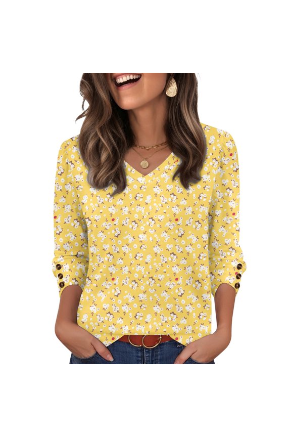 Blouse Tops for Women 3/4 Length Sleeve V Neck Shirts Comfortable Soft Button Trim T-Shift Casual Summer Clothes,Yellow(XL)