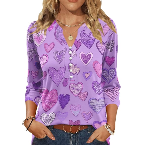 Bbyeadc Blouses for Women 3/4 Length Sleeve Heart Print Tops V Neck ...