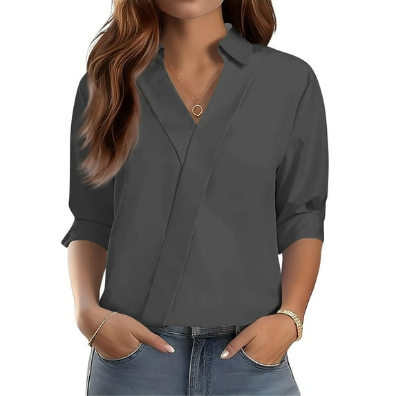 Bbyeadc Blouses for Women Casual 3/4 Length Sleeve V-Neck Pullover Solid Color Collared Lightweight Tops Trendy Spring Tee,Gray(S)