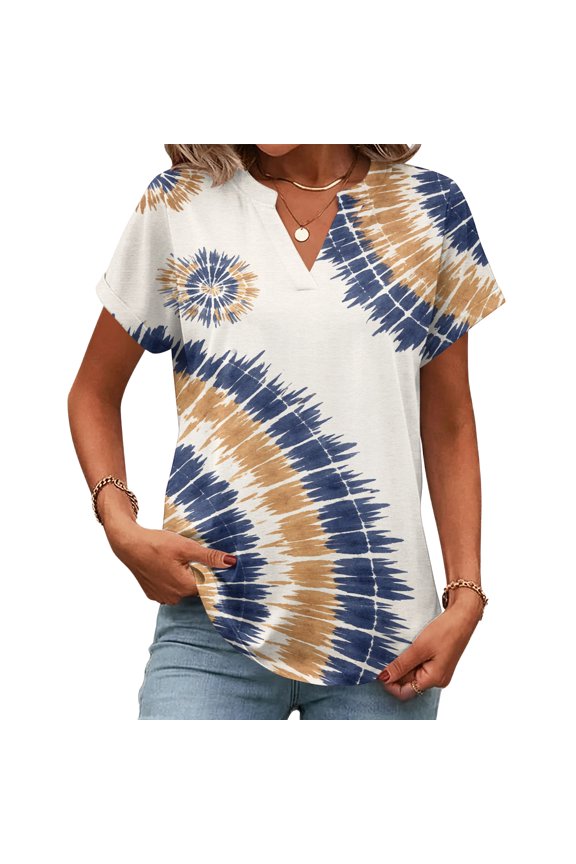 Blouses for Women Casual Short Sleeve Collared Pullover V-Neck Color Block Breathable Tops Business Spring Tee,Blue(XXL)