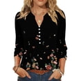 thumbnail image 1 of Bbyeadc Blouses for Women Dressy Casual 3/4 Length Sleeve V Neck Tops Button Floral Print Tee Trendy Summer Pullover,Black(M), 1 of 5