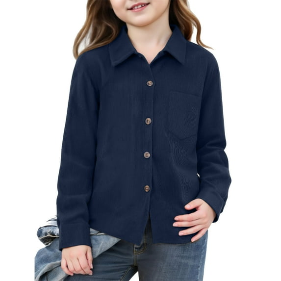 Bbyeadc Button Down Shirt for Women Fashion Fall Outfits Corduroy Shirts with Pockets Casual Long Sleeve Blouse Tops,Navy(140)