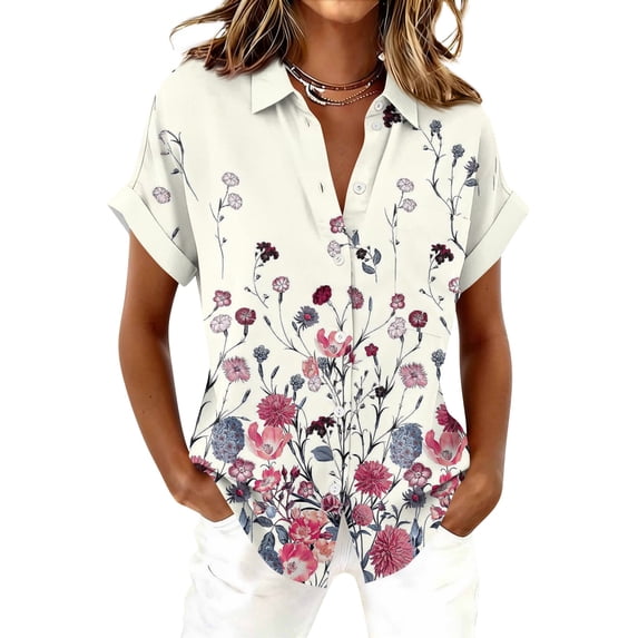 Bbyeadc Button Up Shirts for Women Short Sleeve Round Neck Top Floral Print Curved Hem Top Fashion Loose Spring Shirts with Pocket,Light pink(M)
