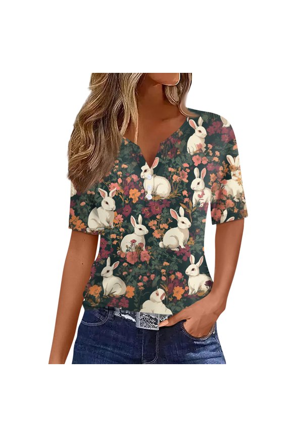 Easter Blouse Tops for Women Short Sleeve V Neck Tops Button Down Easter Egg Tee Fashion Party Blouse,Multicolor(XXL)