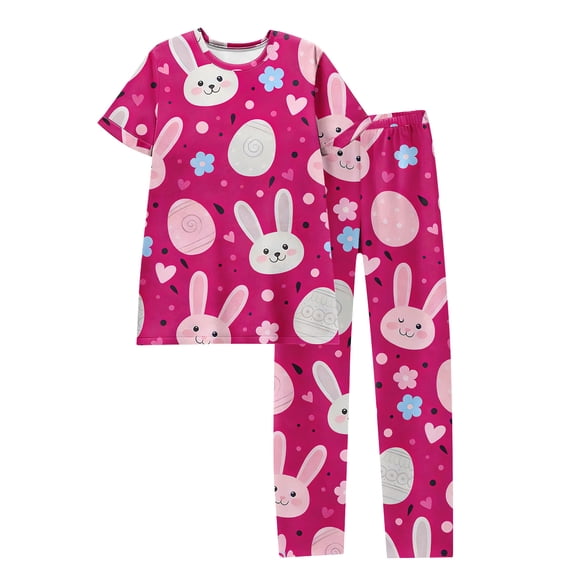 Bbyeadc Easter Lounge Sets for Women Crew Neck Short Sleeve Shirt Elastic Waist Easter Egg Trousers Casual Lightweight Pajama Set,Red(XL)