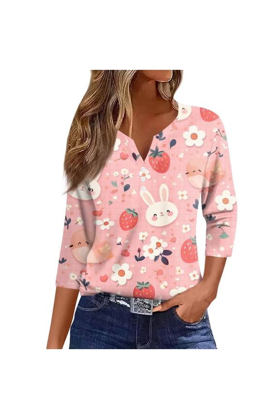 Women's Pink Rabbit & Easter Egg Graphic 3/4 Sleeve V Neck Button Down Blouse Cute Party Summer Tops, Pink(S)