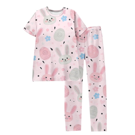 Bbyeadc Easter Two Piece Pajama Sets for Women Crew Neck Short Sleeve T-Shirt Easter Egg Elastic Waist Trousers Cute Comfort Loungewear,Pink(L)