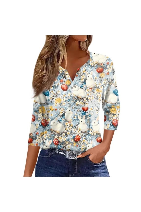 Easter Women's 3/4 Length Sleeve Blouse Easter Egg Tops V Neck Button Down Tee Cute Summer Blouse,Blue(XL)