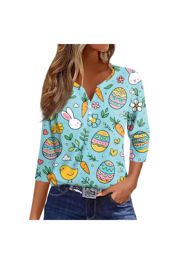 Easter Women's 3/4 Length Sleeve Blouse Easter Egg V Neck Tops Button Down Tee Cute Festival Blouse,Light Blue(M)