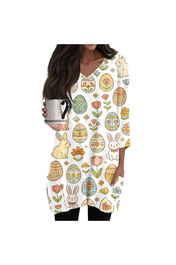 Easter Women's 3/4 Length Sleeve Blouse Rabbit Graphic Tunic Tops V Neck Tee Fashion Festival Blouse with Pocket,Multicolor(S)
