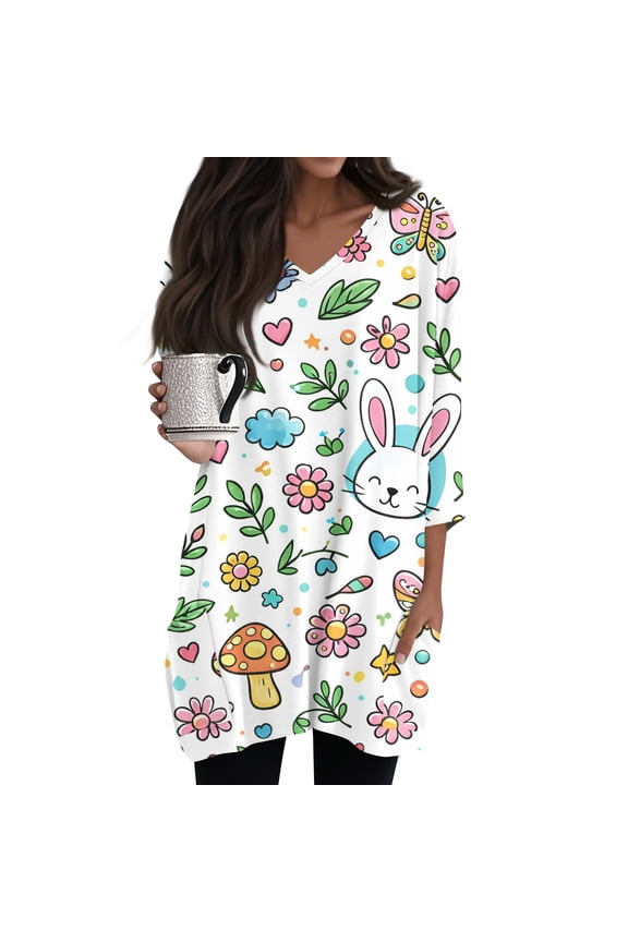 Easter Women's Blouses Casual 3/4 Length Sleeve Easter Egg Tops Tunic V Neck Tee Party Blouse with Pocket,White(L)