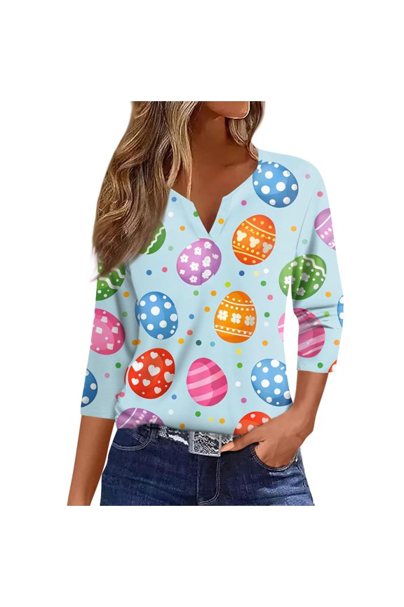 Easter Women's Blouses Casual 3/4 Length Sleeve Rabbit Graphic Tops Button Down V Neck Tee Summer Blouse,Blue(L)