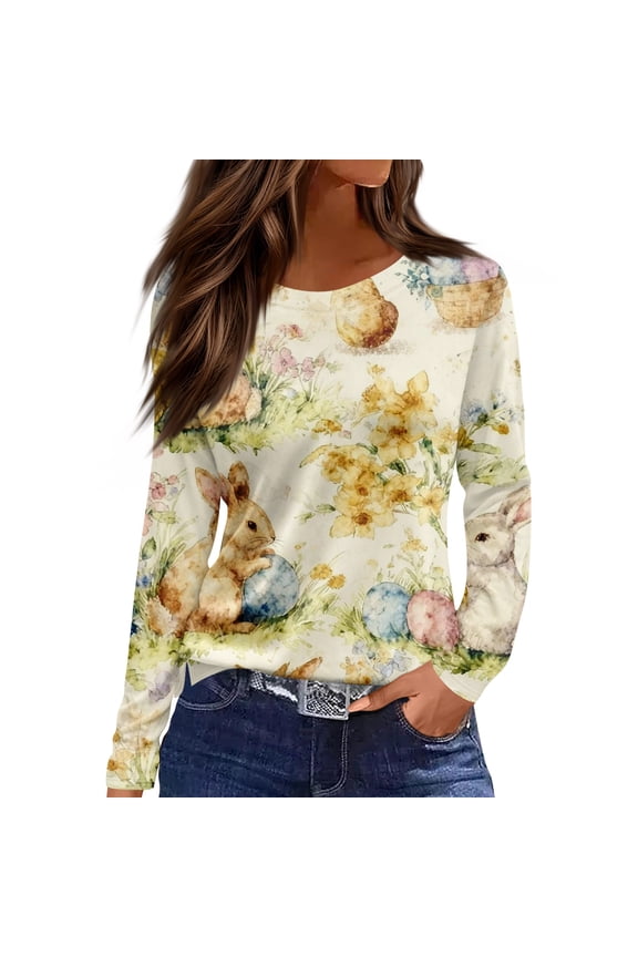 Easter Women's T-Shirts Crew Neck Long Sleeve Tops Rabbit Graphic Happy Easter Tee Casual Party T-Shirt,Beige(XXL)