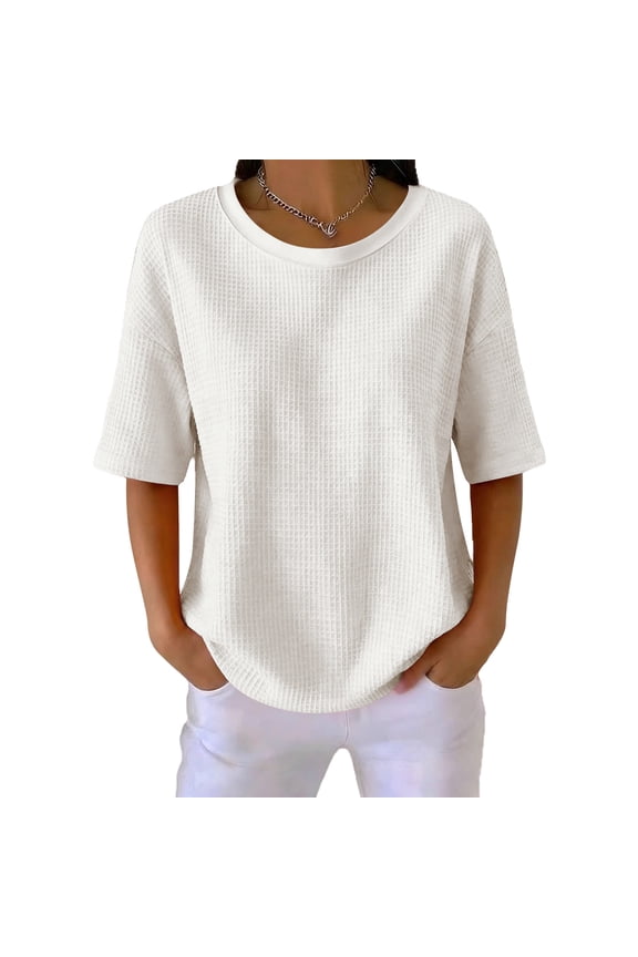 Elbow-Length Sleeve T-Shirt for Women Crew Neck Waffle Knit T-Shirt Textured Golf Shirt Fashion Summer Loose Top,White (XL)