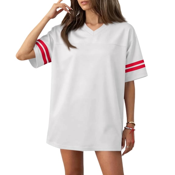 Bbyeadc Football Jerseys for Women Short Sleeve Cotton Striped Trim Jerseys V Neck Sweat Absorbent Shirt Casual Sport Game Sports Uniforms,White (Medium)
