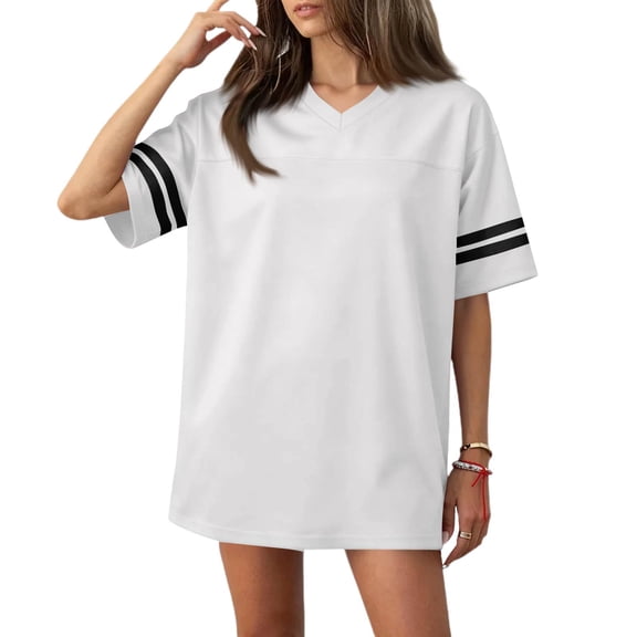 Bbyeadc Football Jerseys for Women V Neck Short Sleeve Cotton Jerseys Striped Trim Sweat Absorbent Shirt Fashion Workout Outwear,White (XX-Large)