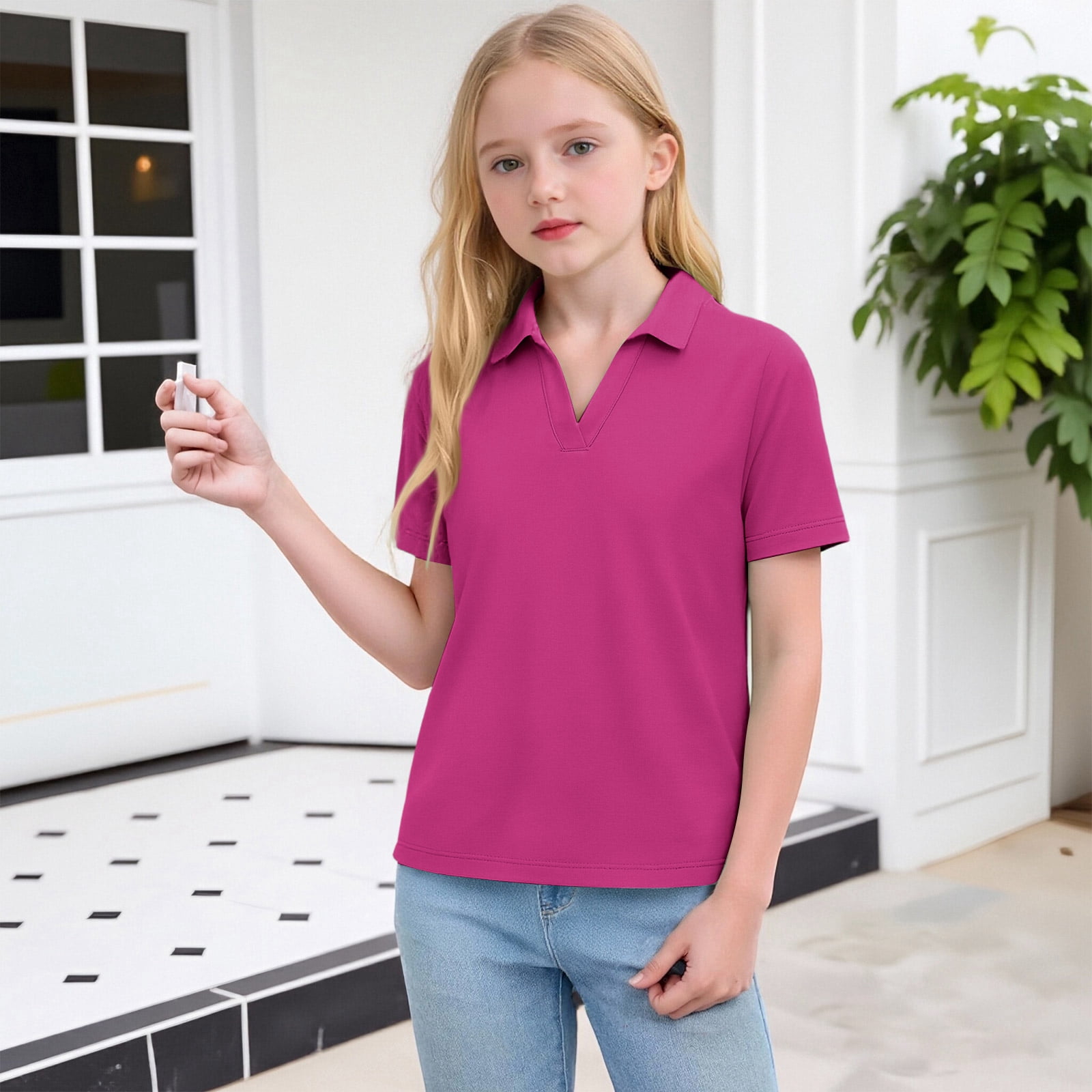 Bbyeadc Girl's Polo Shirts Short Sleeve V Neck Collared Top Lightweight ...