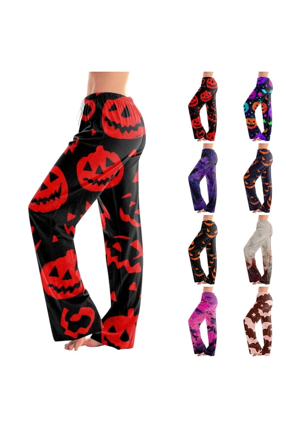 Halloween Pajama Pants for Women Pumpkin Ghost Skeleton Stretchy Soft Lightweight Skull Spooky Orange Pj Pants Halloween Outfits,Multicolor(S)
