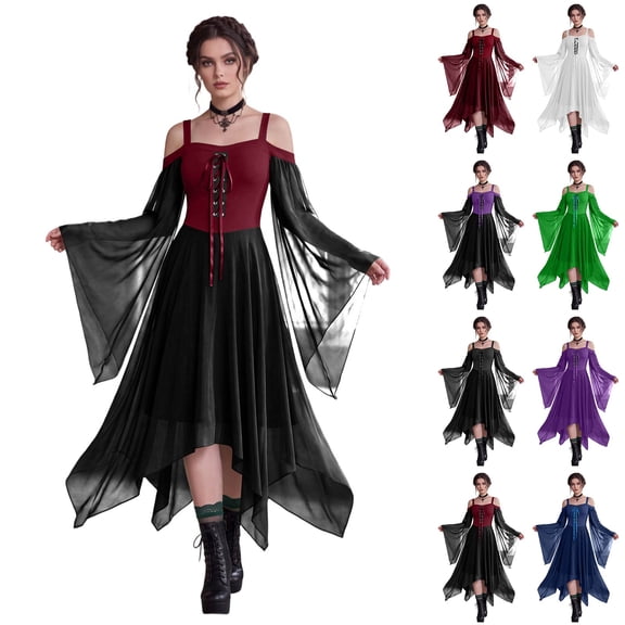 Bbyeadc Halloween Women Plus Size Witch Outfit 2026, Medieval Renaissance Vampire Butterfly Sleeve Mesh Gothic Birthday Dress,Deep Red(XXXL)