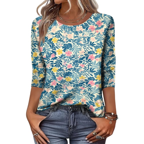 Bbyeadc Hawaiian 3/4 Length Sleeve T-Shirts for Women Crew Neck Shirts Breathable Tee Fashion Beach Vacation Tee,Green (XL)