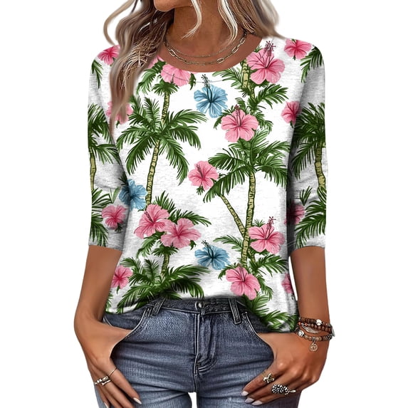 Bbyeadc Hawaiian T-Shirts for Women 3/4 Length Sleeve Crew Neck Shirts Tropical Leaf Print Breathable Tee Fashion Beach Travel Tee,Blue (L)