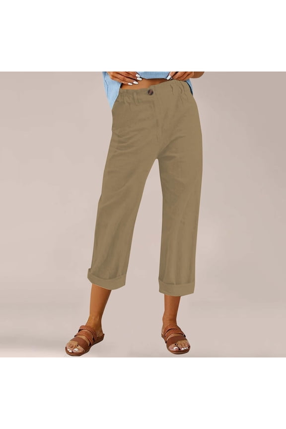 Linen Pants Women Straight Leg Solid Color Bottoms High Waist Button Trousers Casual Summer Spring Pants with Pocket,Camel(L)