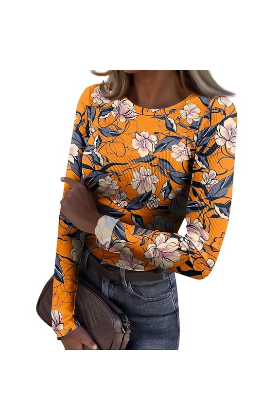 Long Sleeve Base Layers for Women Round Neck Ribbed Knit Slim Fit Crop Tops Lightweight Base Layers Casual Summer Outfits,Orange(S)