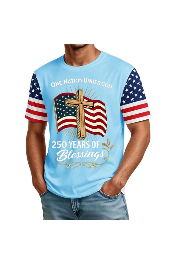 Men’s 250th Anniversary USA Shirt - 2026 American Flag Retro Graphic Tee - Crew Neck Short Sleeve T-Shirt,Light Blue (S)