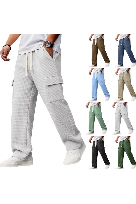 Men's Cargo Pants Relaxed Waffle with Utility Pockets and Drawstring Elastic Waist for Outdoor Daily Wear,Khaki(L)
