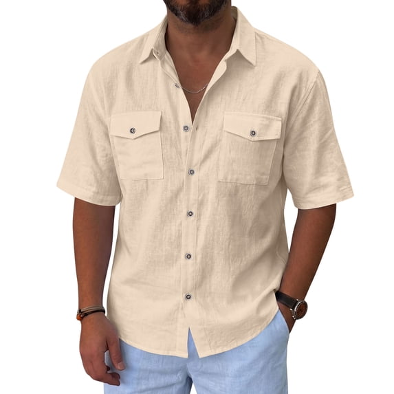 Bbyeadc Men's Linen Shirts Short Sleeve Casual Lightweight Button Down Shirt Beach Vacation Summer Tops with Pocket,Beige(XL)