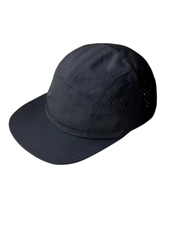 Men's Perforated Camp Cap Laser Cut Breathable Lightweight Quick Dry 5 Panel Soft Brim Hat,Black (One Size)