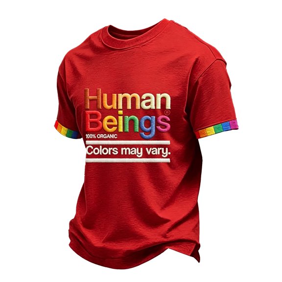 Bbyeadc Men's Shirt"Human Beings Colors May Vary" Printed Graphic Gay T-Shirt with Rainbow Cuffs Crew Neck Short Sleeve Casual Tee,Red (XL)