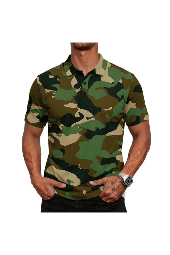 Men's Short Sleeve Polo Shirts Camo Print Quick Dry Golf Shirts for Summer Beach Vacation Daily Wear,Green (XXL)