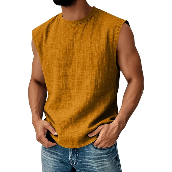 Bbyeadc Men's Workout Tank Tops Cotton Linen Sleeveless Crew Neck Cut ...