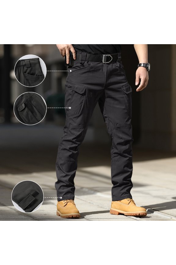 Mens Cargo Pants Straight Leg with Zippered Pockets Hiking Pants Button Waterproof Work Pants Fashion Hiking Trousers,Black(S)